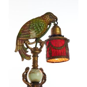 Art Deco Cast Metal Parrot Table Lamp Bird Cage