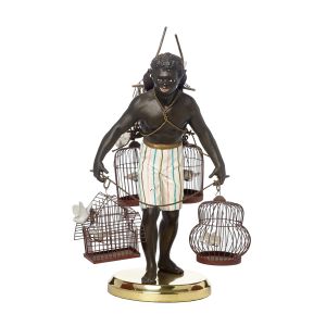 Vintage Petites Choses Metal Brass Blackamoor Nubian Man with Bird Cages