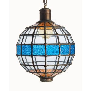 Pendant Globe Leaded Glass with Blue and Orange Pressed Decorated Glass