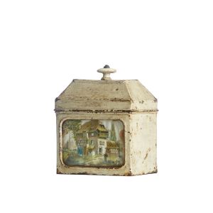 Small Tole Tea Caddy with scene of English Thatched Roof Cottage