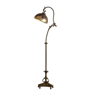 Bronze Swan Garden Floor Lamp with Damascene Glass Shade Circa 1900