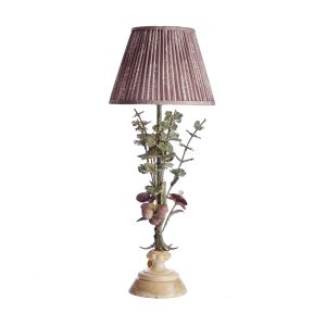 Tole Flower Lamp with Perfect Lilac Print Linen Pleated Lampshade