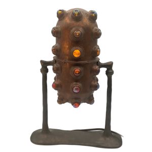 Sculptural Desk Lamp Bronze Patinas with Glass Inset iridescent Cabochons 