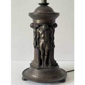Oscar Bach Antique Bronze Lamp Art Deco Signed Sculptural Male Caryatids